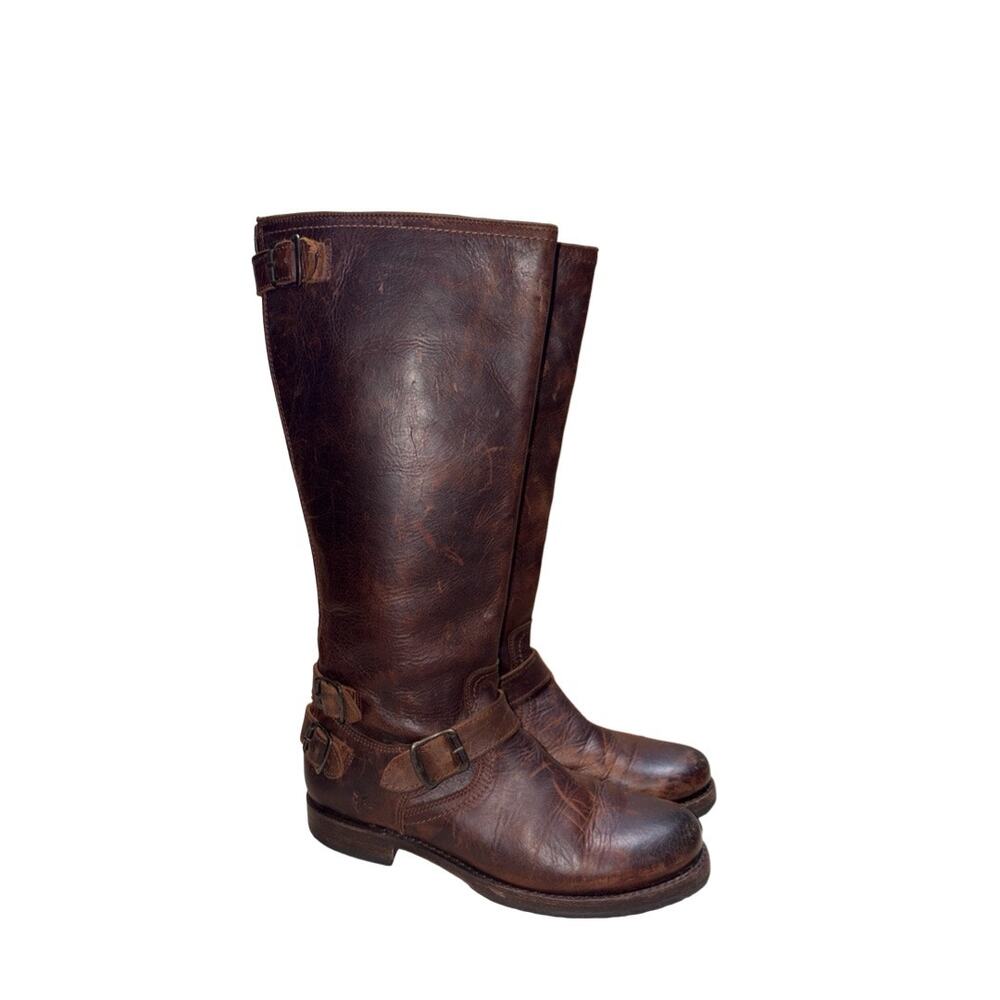 FRYE Veronica Brown Leather Buckled Back-Zip Tall Boots Size: 9.5B